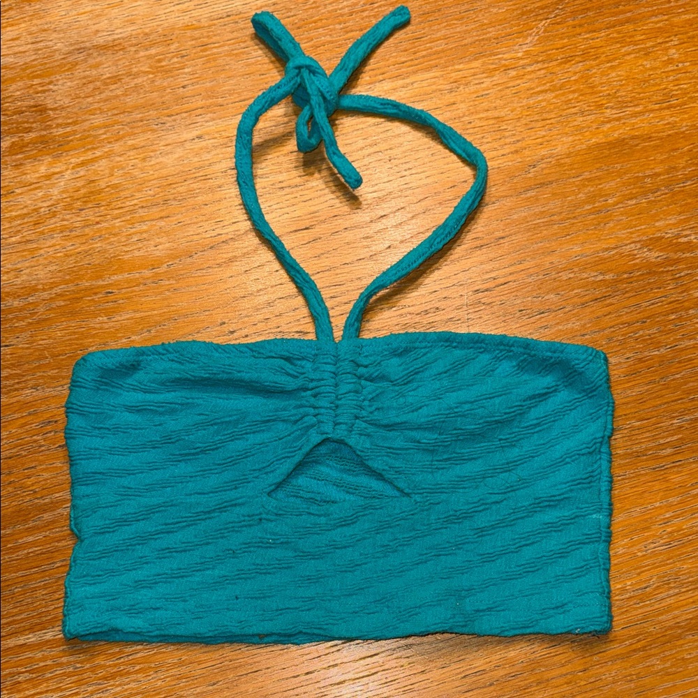 SHEIN Turquoise Textured Halter Crop Top